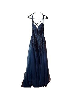 Dave & Johnny Navy Blue Sequined Embroidered Tulle Ball Gown Dress Criss-Cross